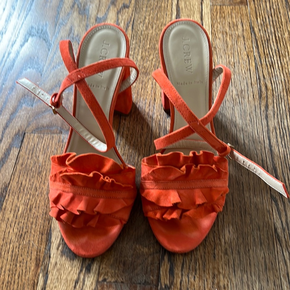 J Crew orange suede ruffled high-heeled sandals